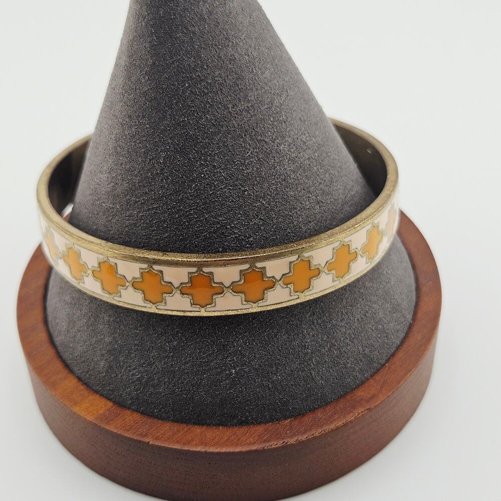 Lucky Brand Gold Tone Bangle Bracelet Orange & White Enamel Print Boho Artsy